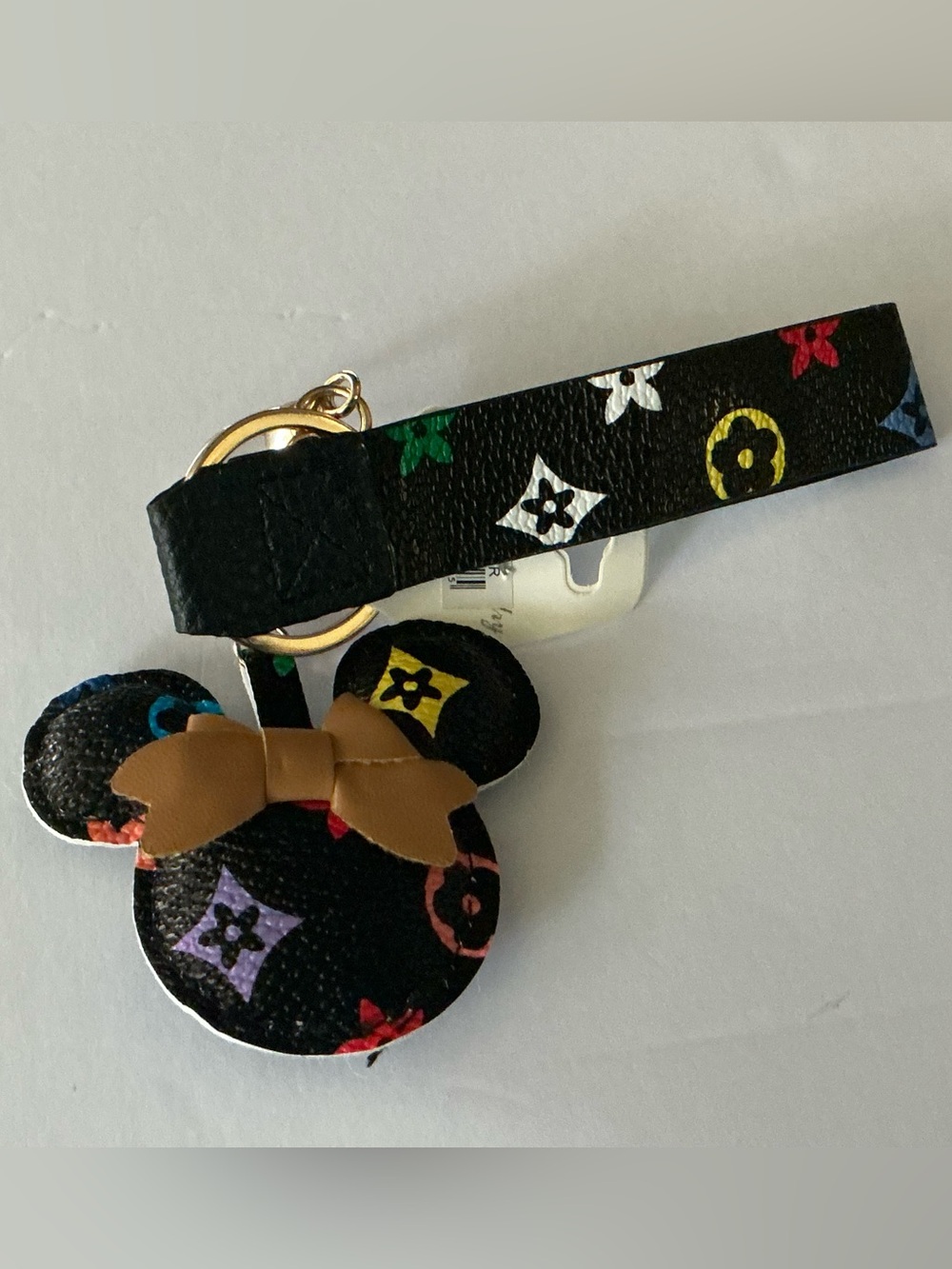 Mouse-Inspired Faux Leather Wristlet Keychain & Bag Charm – Black Floral Print